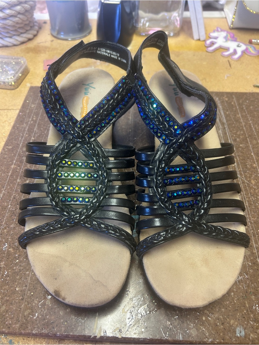 Yuu Black Braided Strappy Sandals with Blue-Green Rhinestones